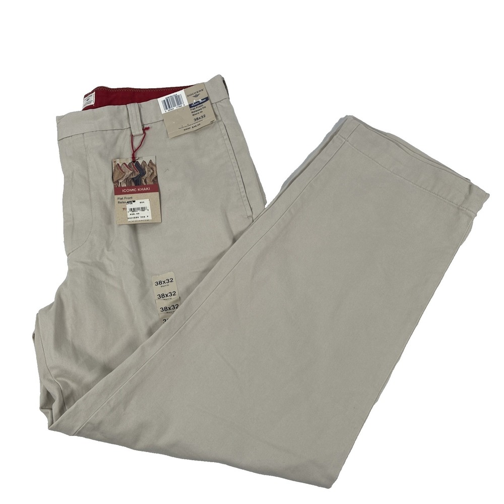 Y2K Mens Dockers Iconic Khaki Flat Front Relaxed Fit Pants Size 38x32 NWT Beige‎